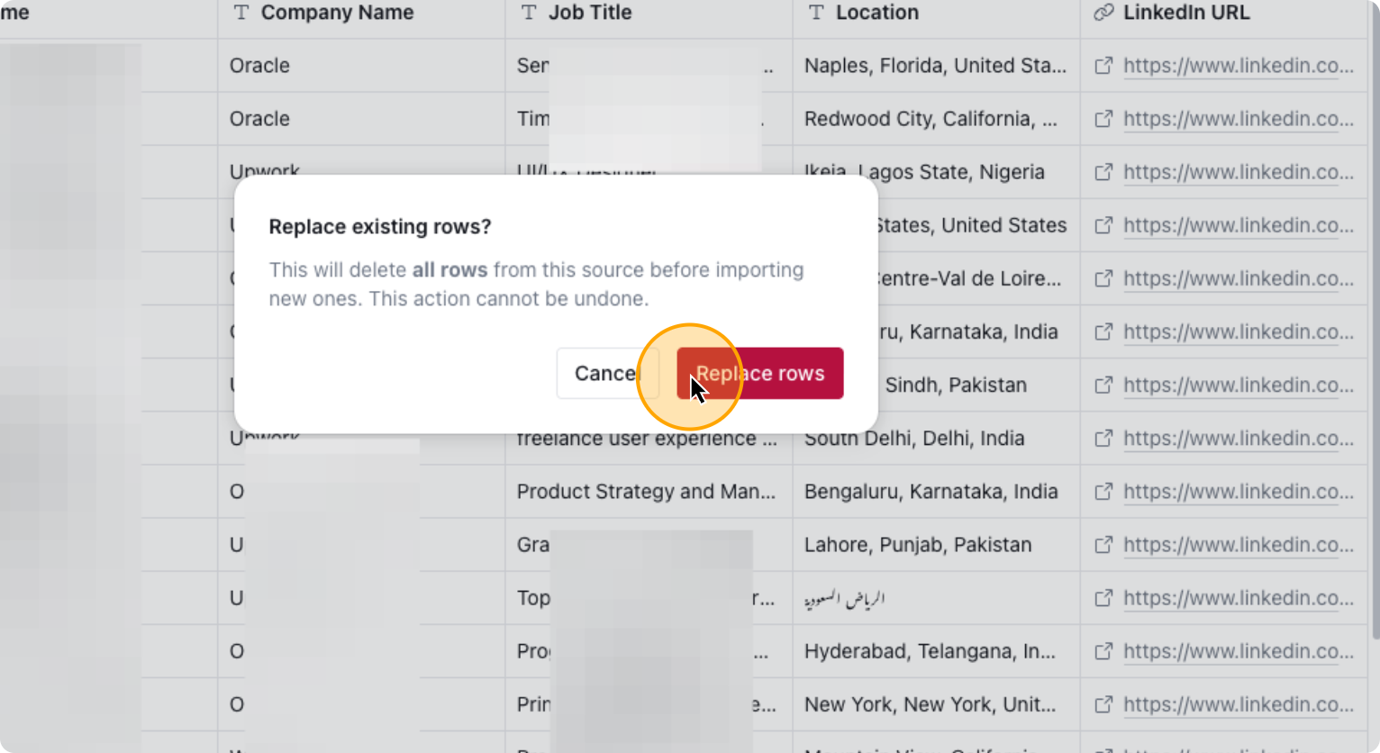 Step 30: Click on Replace rows