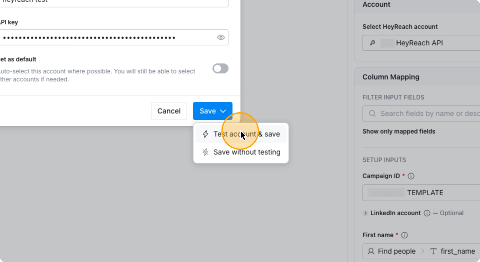 Step 64: Click on Test account save