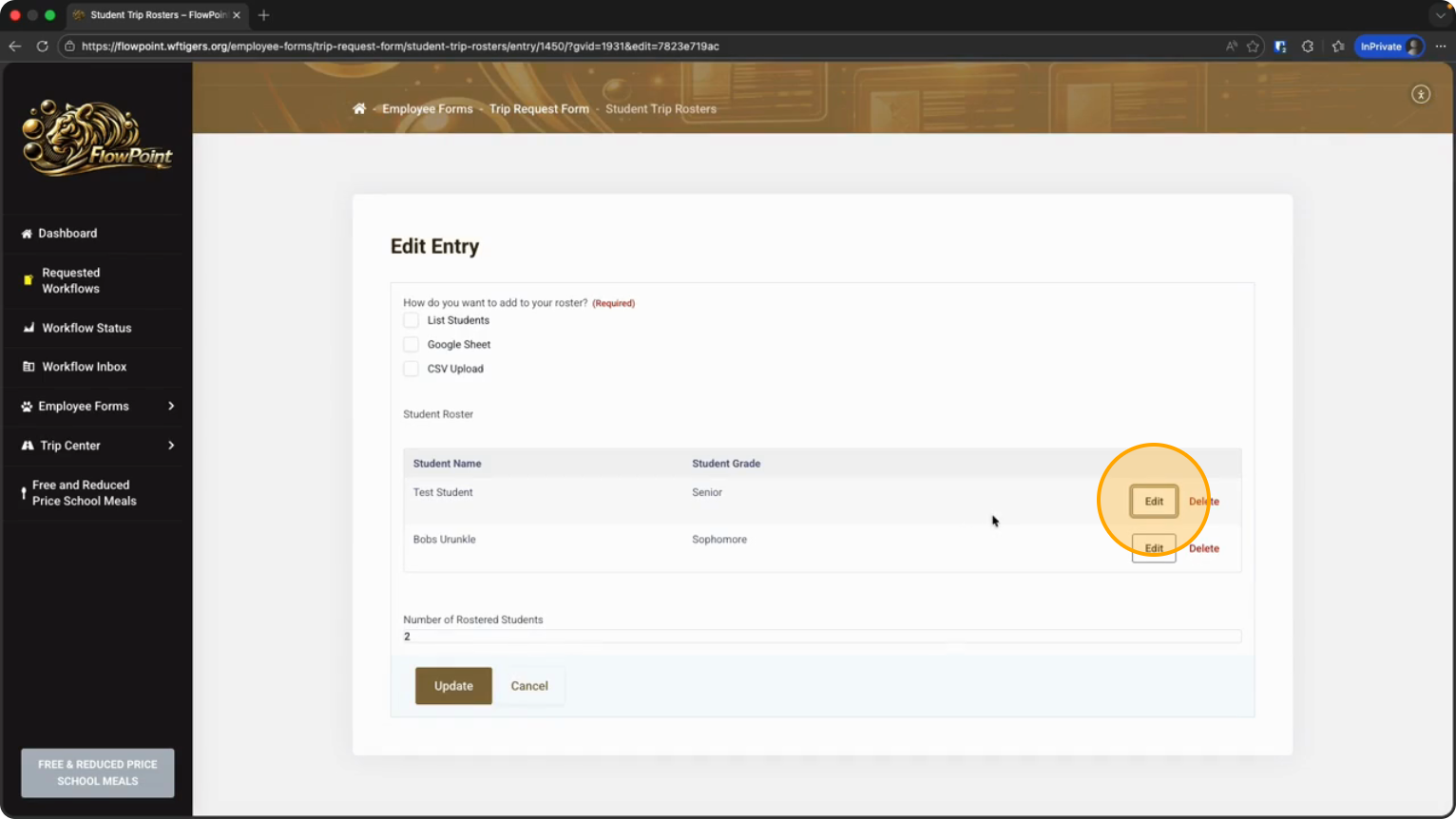 Step 16: Click the Delete button for the student you want to remove